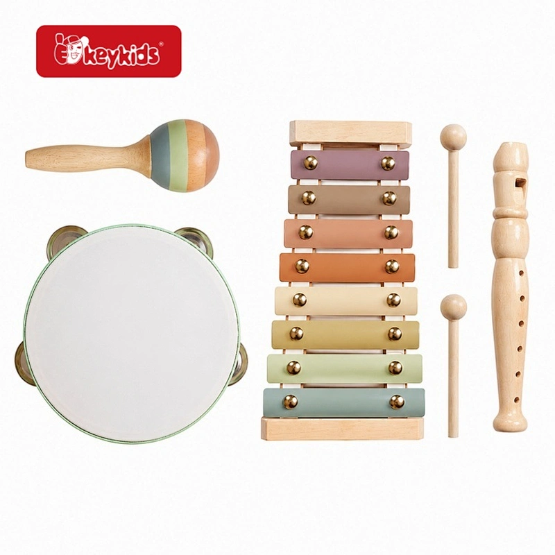 Wooden Montessori Musical Instrument Set for Kids Baby Percussion Xylophone Maraca Tambourine Recorder Toys Gift W07A260C